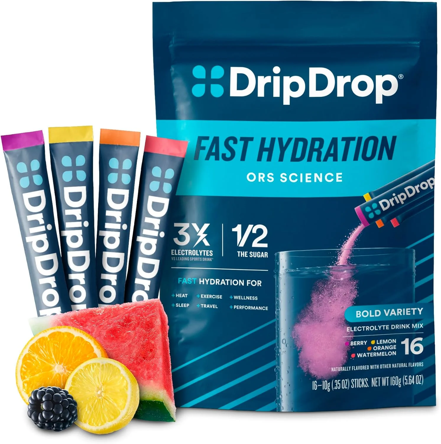 مخلوط نوشیدنی الکترولیتی DripDrop Hydration - بسته متنوع Bold - پودر هیدراتاسیون تک نفره - طالبی، توت، لیمو، پرتقال | غیر GMO، بدون گلوتن، وگان | 16 عدد مخلوط نوشیدنی الکترولیتی DripDrop Hydration - بسته متنوع Bold - پودر هیدراتاسیون تک نفره - طالبی، توت، لیمو، پرتقال | غیر GMO، بدون گلوتن، وگان | 16 عدد