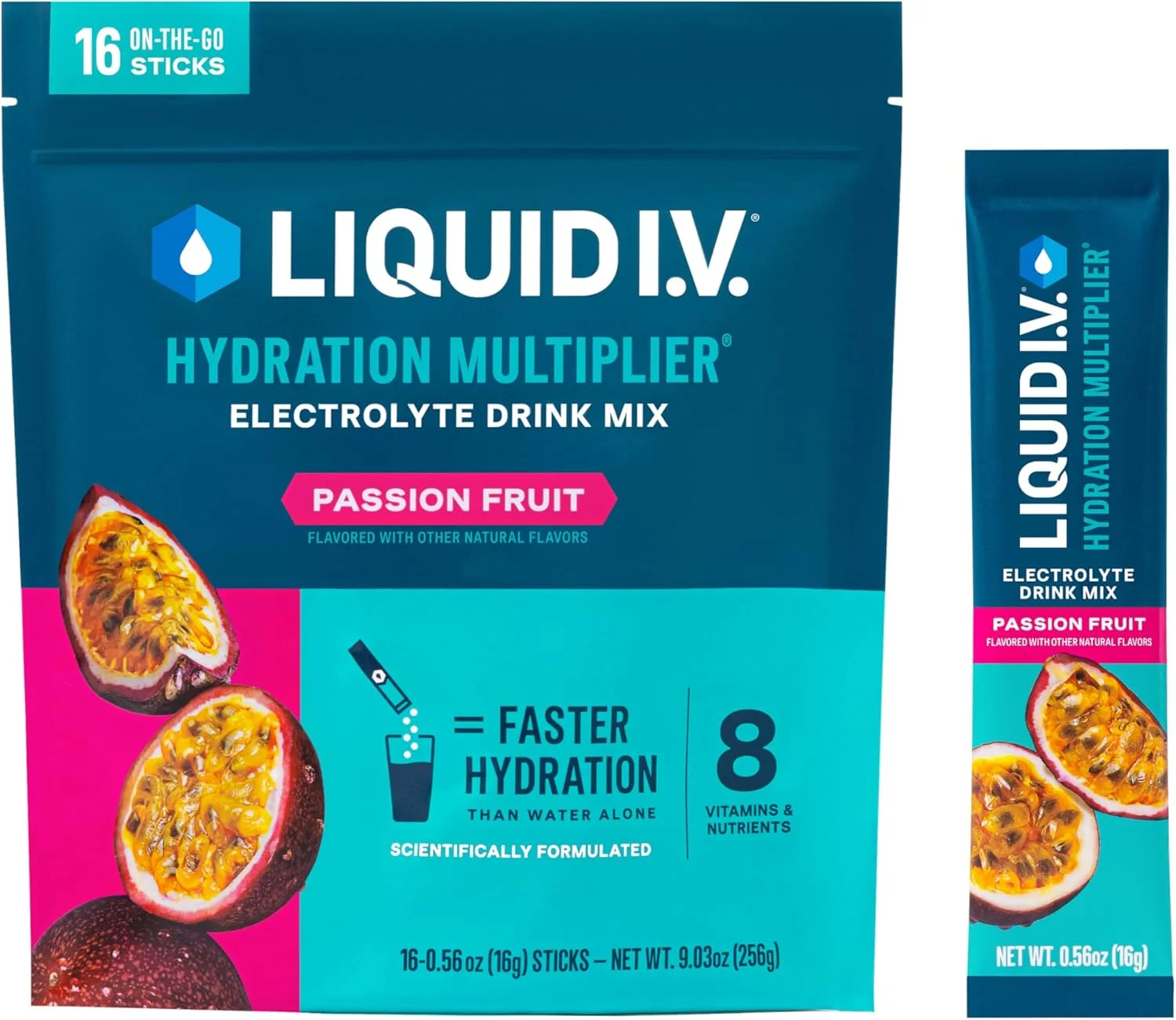 محلول آبرسان Liquid I.V.، پودر الکترولیت، بسته های باز آسان، مخلوط نوشیدنی مکمل (پشن فروت) (16 عدد) محلول آبرسان Liquid I.V.، پودر الکترولیت، بسته های باز آسان، مخلوط نوشیدنی مکمل (پشن فروت) (16 عدد)