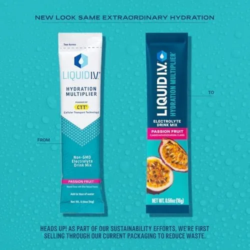 محلول آبرسان Liquid I.V.، پودر الکترولیت، بسته های باز آسان، مخلوط نوشیدنی مکمل (پشن فروت) (16 عدد) محلول آبرسان Liquid I.V.، پودر الکترولیت، بسته های باز آسان، مخلوط نوشیدنی مکمل (پشن فروت) (16 عدد)