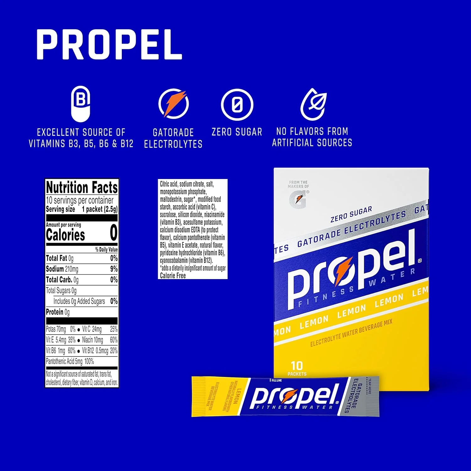 پودر الکترولیت و ویتامین بدون شکر با طعم لیمو Propel، 2.2 گرم (بسته 10 عددی) پودر الکترولیت و ویتامین بدون شکر با طعم لیمو Propel، 2.2 گرم (بسته 10 عددی)