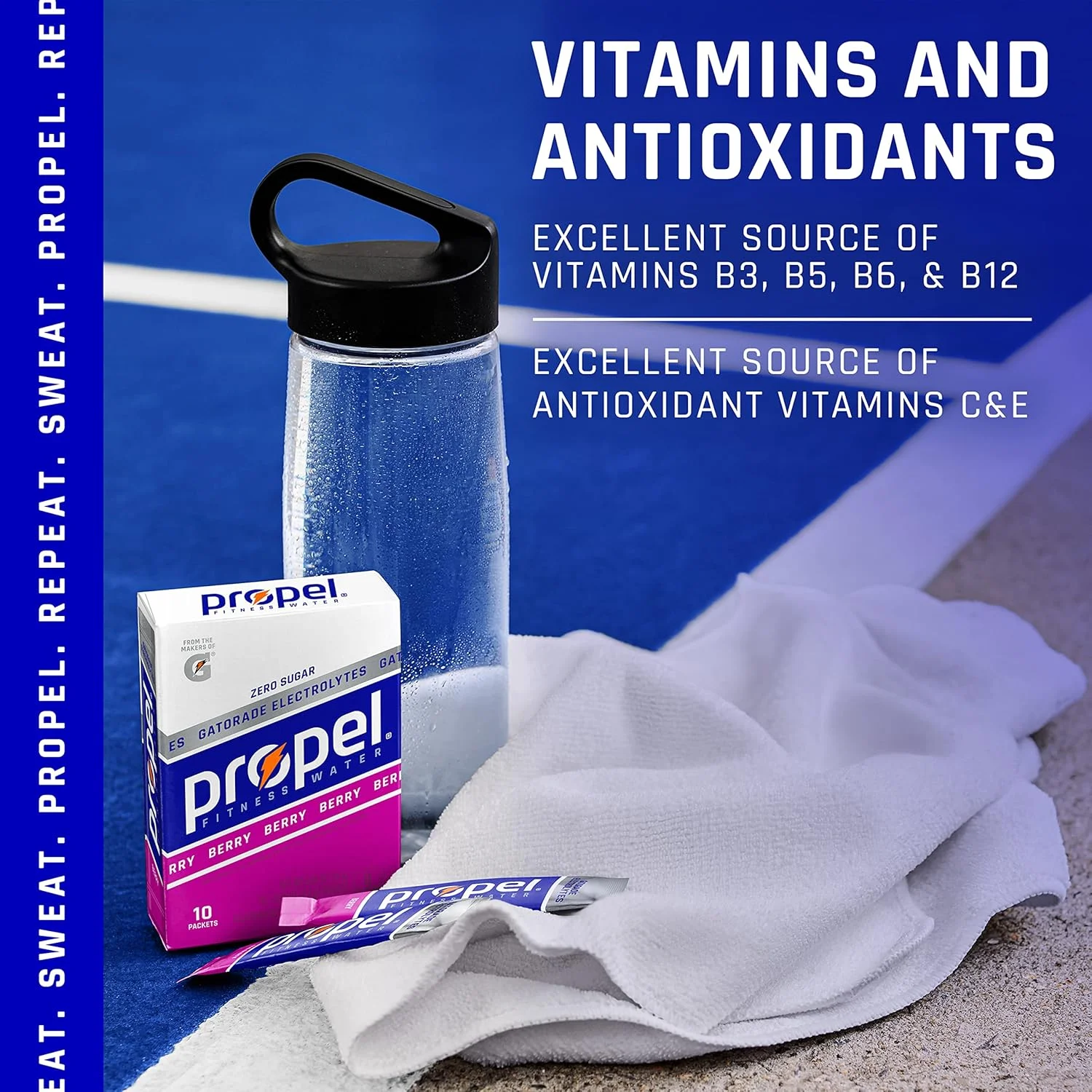 پودر الکترولیت و ویتامین بدون شکر با طعم لیمو Propel، 2.2 گرم (بسته 10 عددی) پودر الکترولیت و ویتامین بدون شکر با طعم لیمو Propel، 2.2 گرم (بسته 10 عددی)