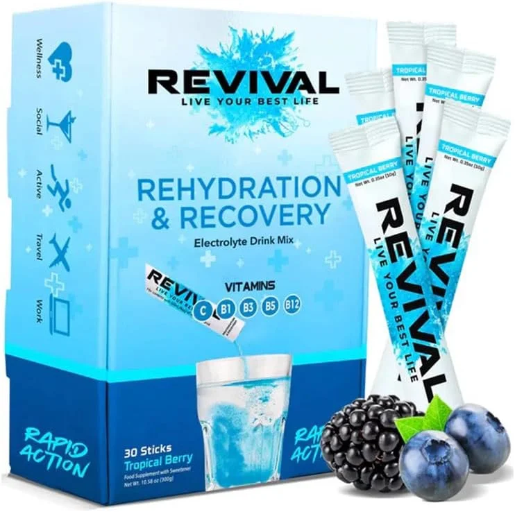 پودر الکترولیت احیا کننده سریع Revival - مکمل با دوز بالای ویتامین C، B1، B3، B5، B12، نوشیدنی ساشه ای، آبرسانی الکترولیتی جوشان (انفجار استوایی و توت، 30 عدد (بسته 1 عددی)) پودر الکترولیت احیا کننده سریع Revival - مکمل با دوز بالای ویتامین C، B1، B3، B5، B12، نوشیدنی ساشه ای، آبرسانی الکترولیتی جوشان (انفجار استوایی و توت، 30 عدد (بسته 1 عددی))