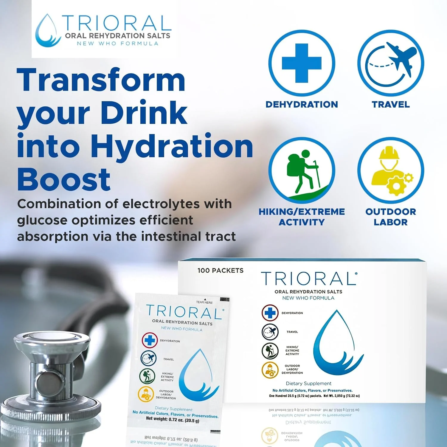 پودر الکترولیت آبرسان TRIORAL (100 بسته) - محلول آبرسانی سریع، فرمول آبرسانی ضروری، مبارزه با کم آبی ناشی از تمرینات، ورزش و موارد دیگر، کیت کمک های اولیه، ملزومات سفر، بسته های مخلوط نوشیدنی پودر الکترولیت آبرسان TRIORAL (100 بسته) - محلول آبرسانی سریع، فرمول آبرسانی ضروری، مبارزه با کم آبی ناشی از تمرینات، ورزش و موارد دیگر، کیت کمک های اولیه، ملزومات سفر، بسته های مخلوط نوشیدنی