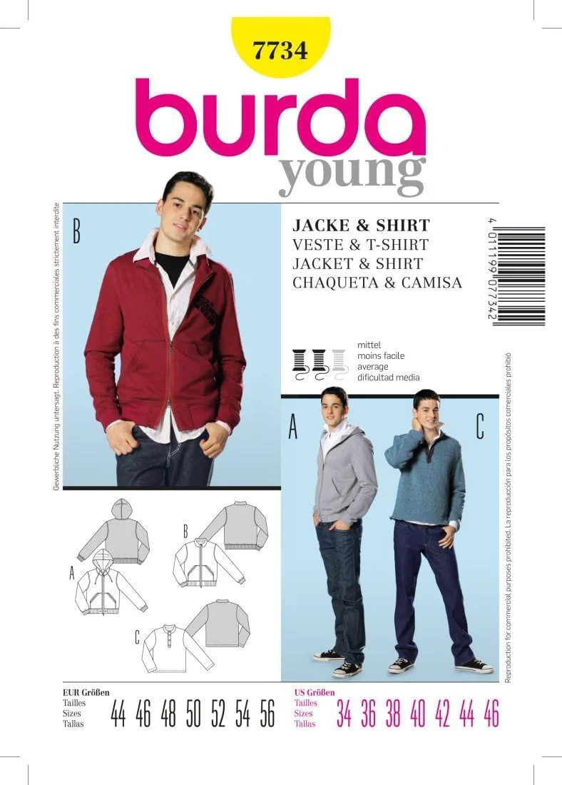 الگوی خیاطی بوردا 7734 برای ژاکت کلاه دار و سویشرت (مردانه، سایز 44-56) سطح 3 متوسط
