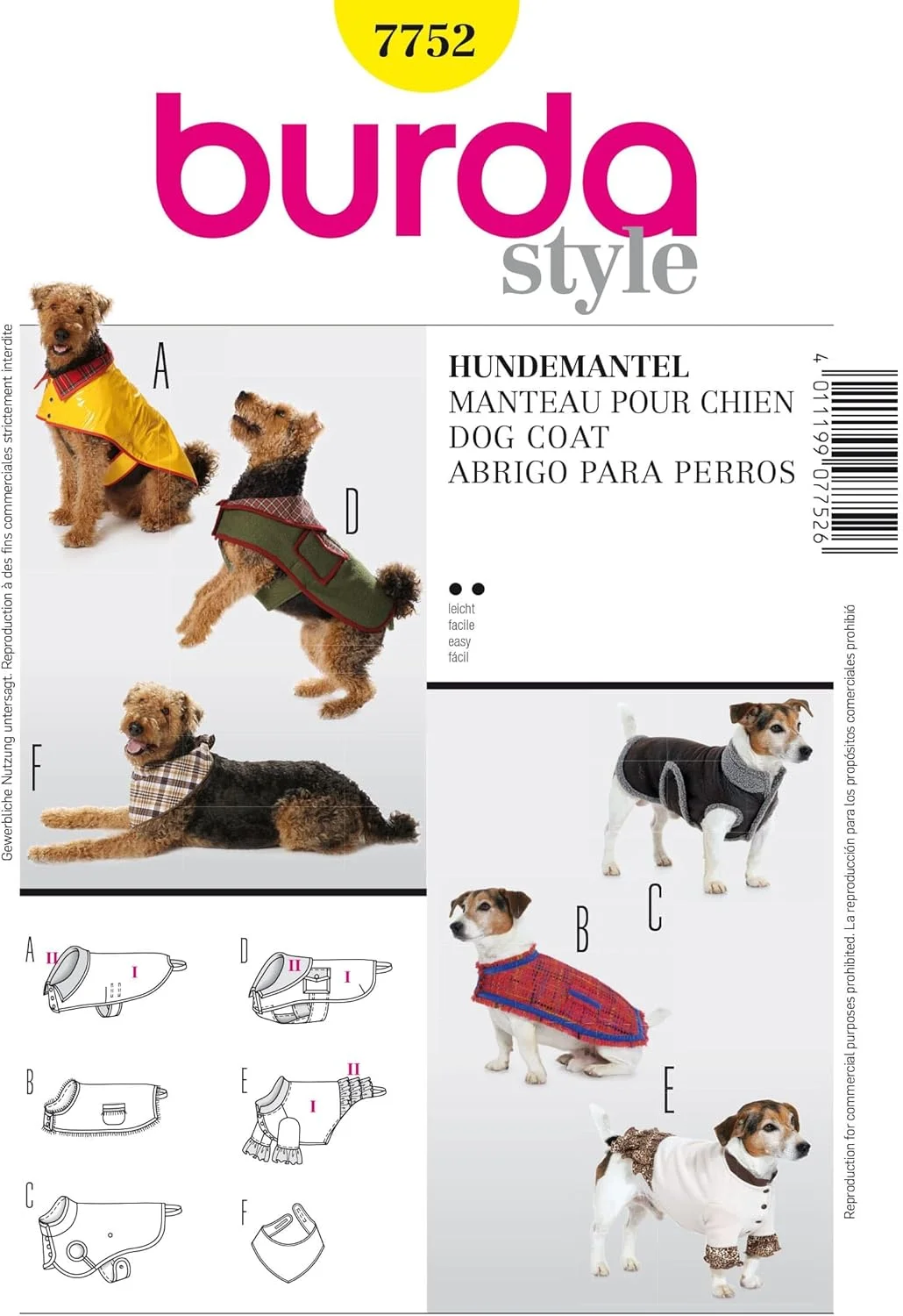 الگوی خیاطی پالتو سگ Burda B7752، ابعاد 19x13 سانتی متر