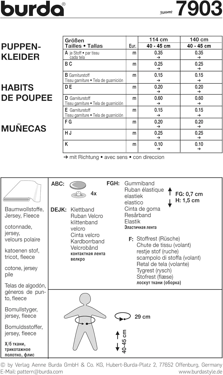 الگوی خیاطی لباس عروسک Burda B7903، ابعاد 19x13 سانتی متر