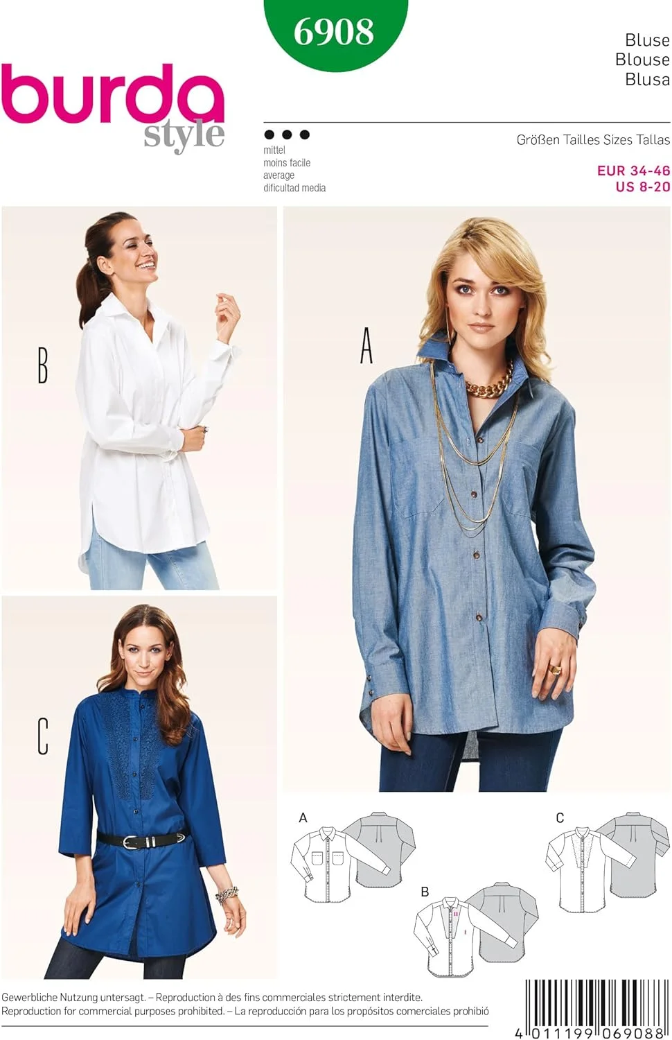 الگوی خیاطی زنانه بردا 6908 - بلوزهای بلند سایز: 36-48 الگوی خیاطی زنانه بردا 6908 - بلوزهای بلند سایز: 36-48