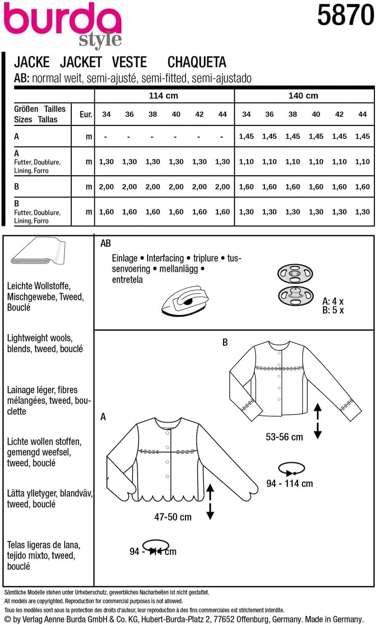 الگوی خیاطی بوردا 5870 - ژاکت های خودتان را بدوزید [سایز زنانه 36-46] سطح 3 متوسط