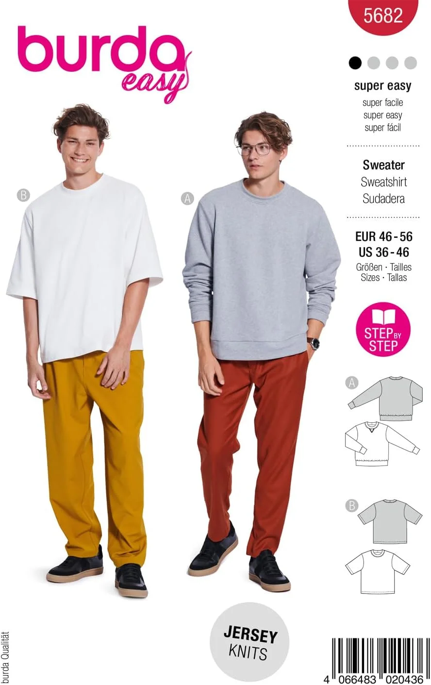 الگوی خیاطی آسان مردانه Burda، سویشرت های پایه #5682، سایز 46-56 الگوی خیاطی آسان مردانه Burda، سویشرت های پایه #5682، سایز 46-56