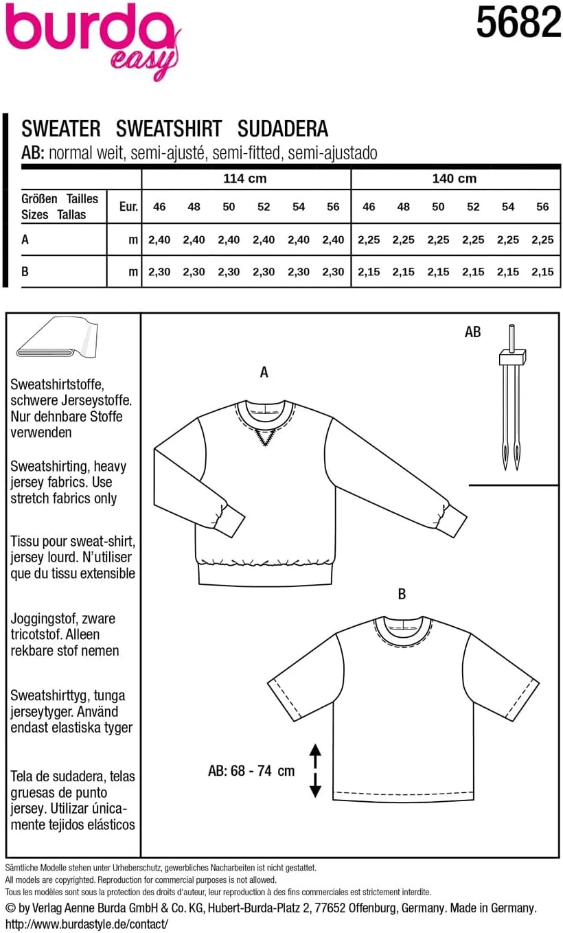الگوی خیاطی آسان مردانه Burda، سویشرت های پایه #5682، سایز 46-56