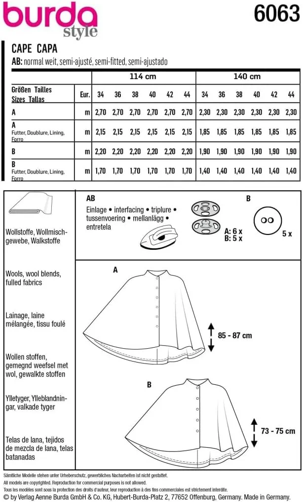 الگوی خیاطی شنل زنانه و مردانه Burda Style سایز 6-18 | سطح دوخت: آسان #6063 الگوی خیاطی شنل زنانه و مردانه Burda Style سایز 6-18 | سطح دوخت: آسان #6063