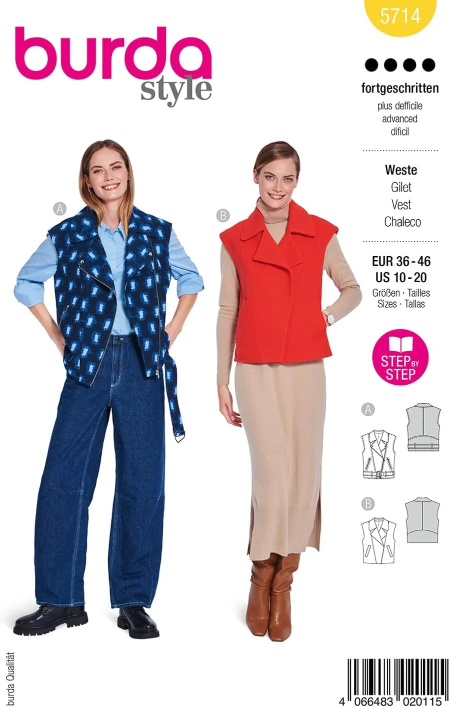 الگوی خیاطی بوردا استایل شماره 5714، جلیقه زنانه با جیب، سایزهای 36-38