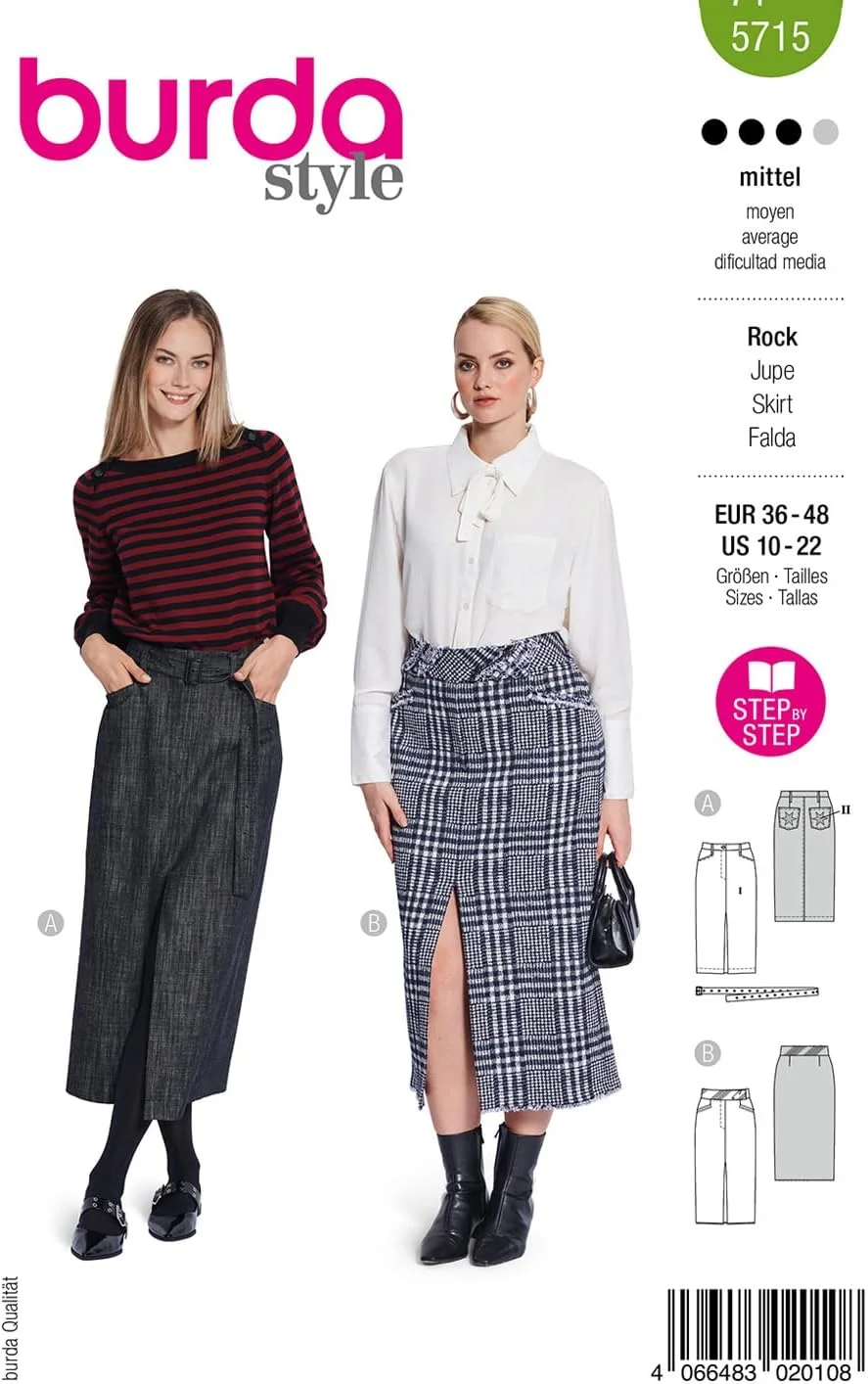 الگوی خیاطی دامن جین زنانه مدل Burda Style #5715 با چاک، سایزهای 36 تا 48