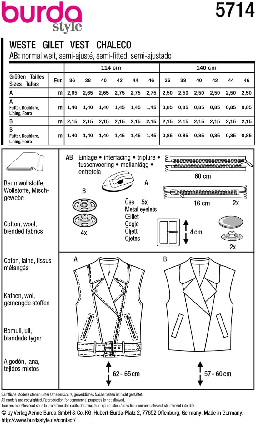 الگوی خیاطی بوردا استایل شماره 5714، جلیقه زنانه با جیب، سایزهای 36-38