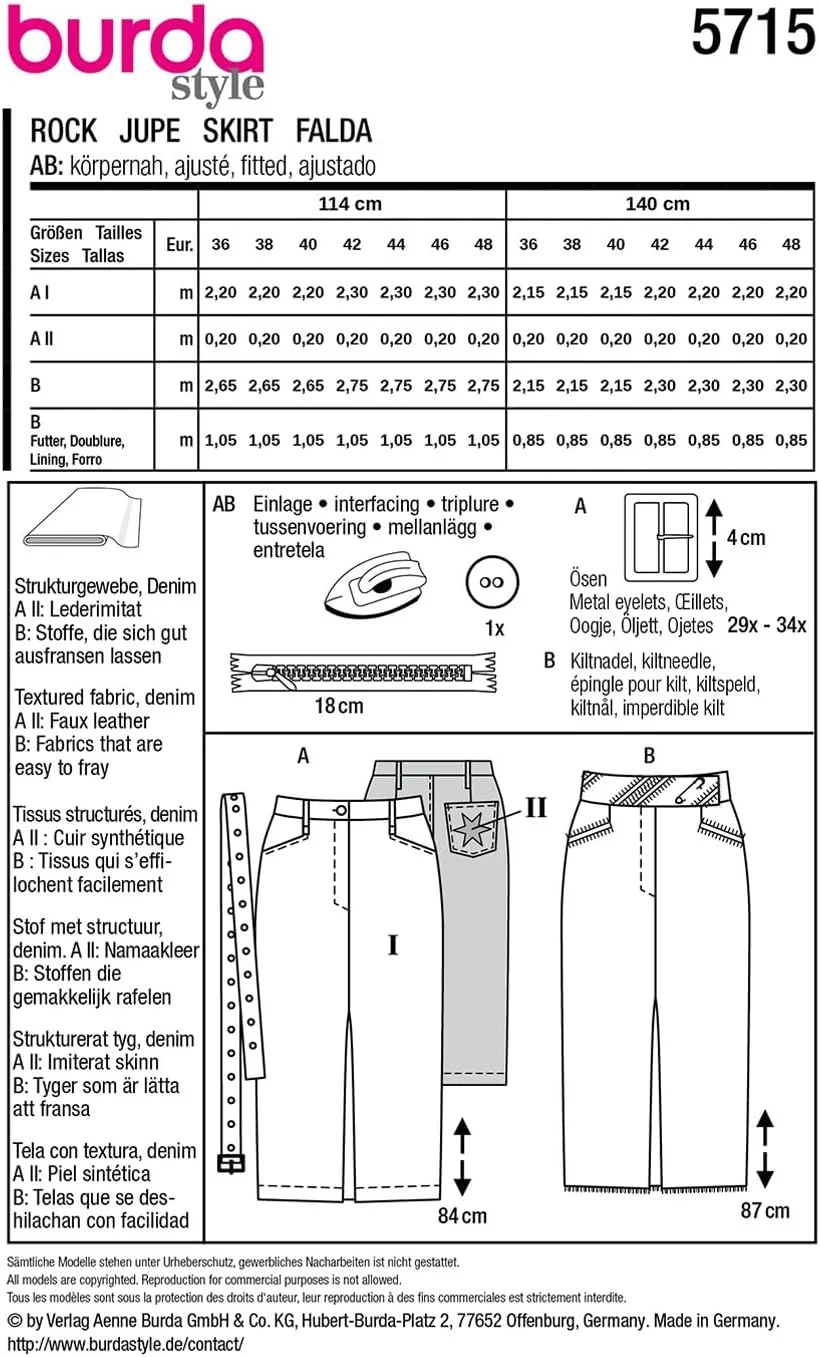 الگوی خیاطی دامن جین زنانه مدل Burda Style #5715 با چاک، سایزهای 36 تا 48 الگوی خیاطی دامن جین زنانه مدل Burda Style #5715 با چاک، سایزهای 36 تا 48