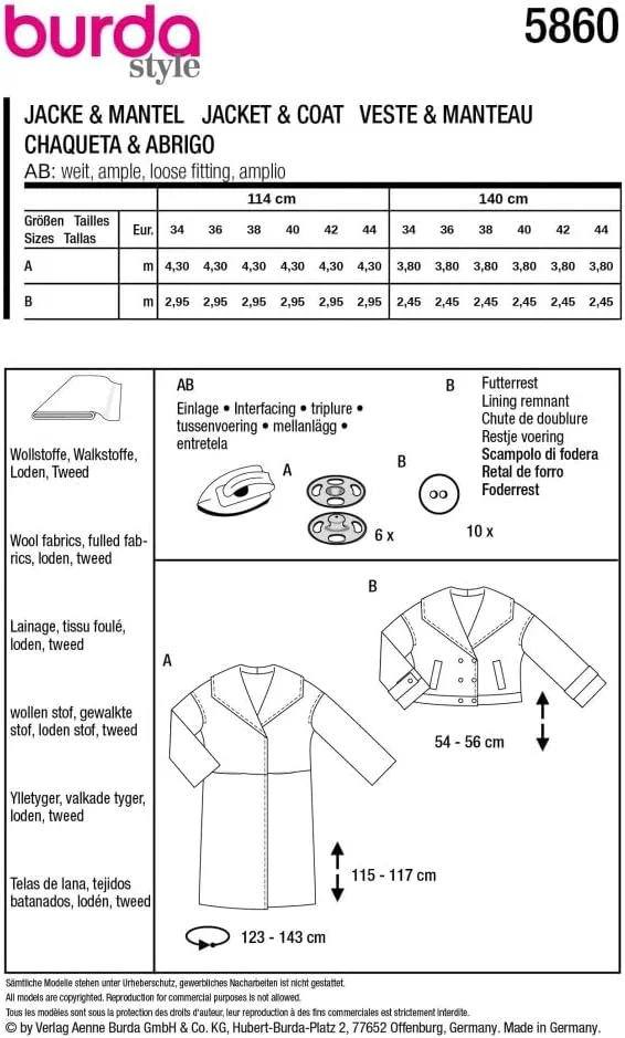 الگوی خیاطی بوردا استایل 5860 - کت و پالتو زنانه [سایز 36-38] سطح 3 متوسط