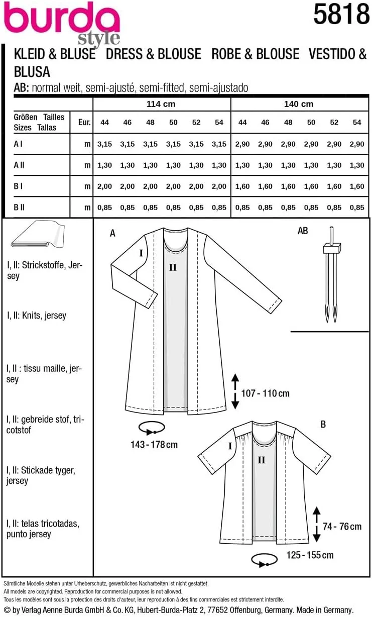 الگوی خیاطی بوردا استایل 5818، ست لباس و بلوز زنانه سایز 46 تا 58، سطح 2 (آسان) الگوی خیاطی بوردا استایل 5818، ست لباس و بلوز زنانه سایز 46 تا 58، سطح 2 (آسان)