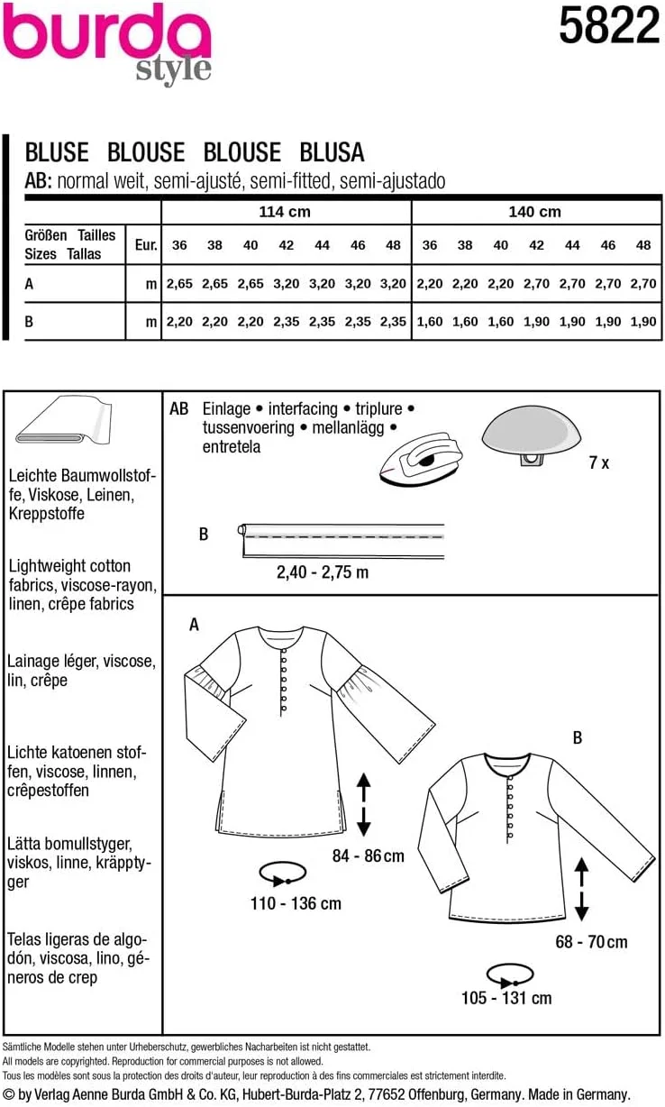 الگوی خیاطی بلوز Burda Style 5822 [سایز زنانه 8-10] سطح 3 متوسط