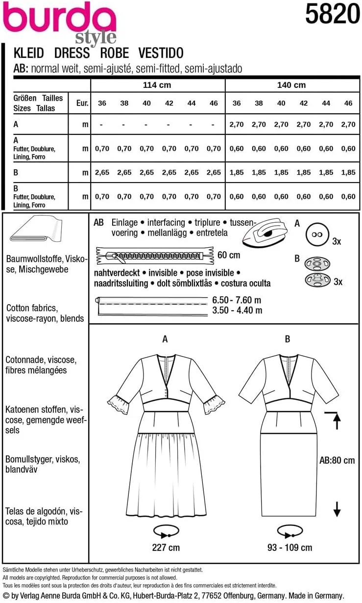الگوی خیاطی بوردا استایل 5820 لباس زنانه سایز 8-10 سطح 3 متوسط