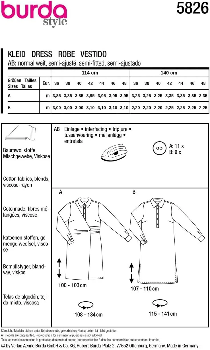 الگوی خیاطی Burda Style 5826 پیراهن [سایز بانوان 38-40] سطح 3 متوسط