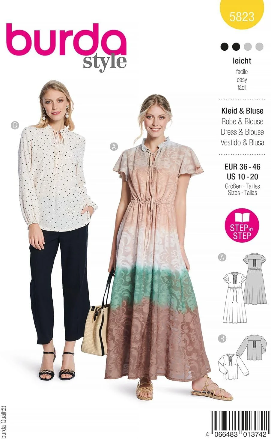 الگوی خیاطی بوردا استایل 5823، مدل لباس و بلوز [سایز 36-38 زنانه]، سطح 2 سبک