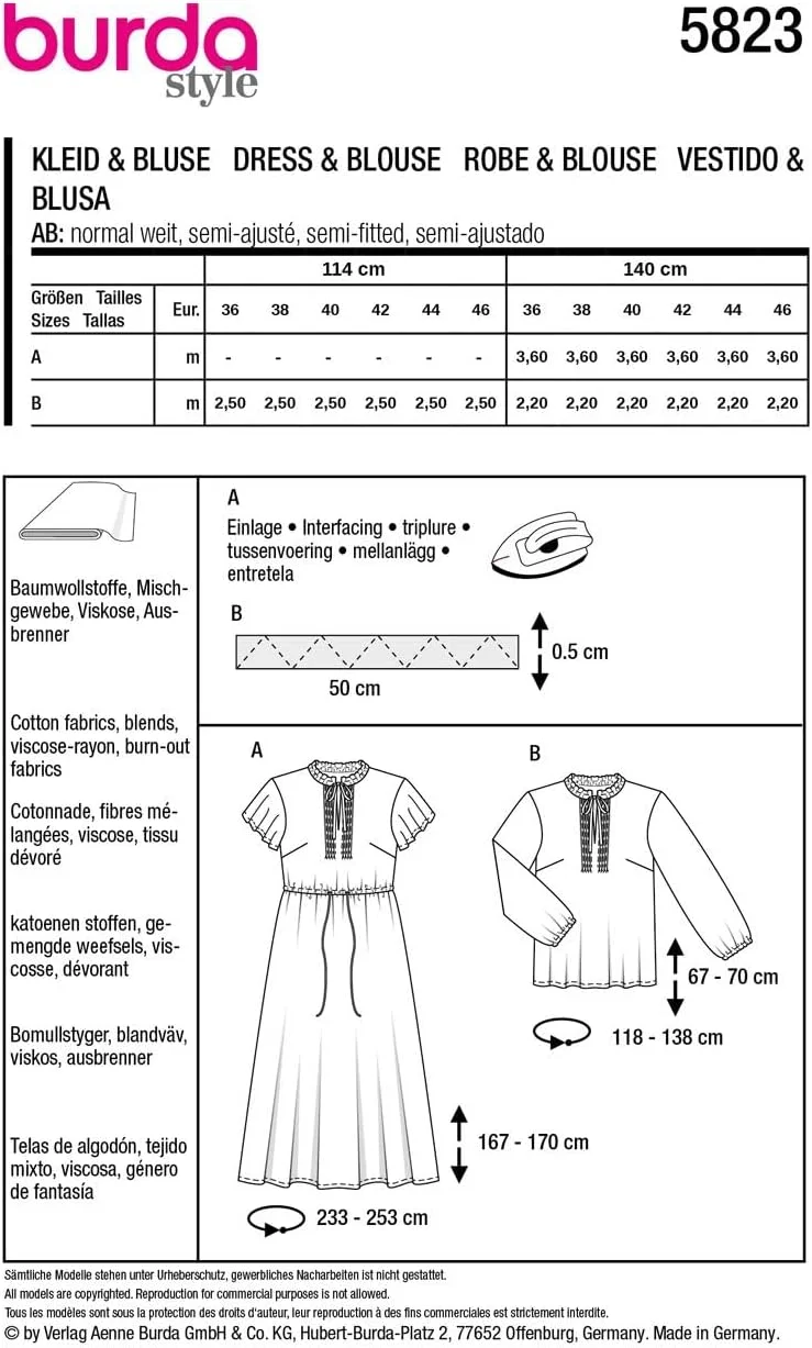 الگوی خیاطی بوردا استایل 5823، مدل لباس و بلوز [سایز 36-38 زنانه]، سطح 2 سبک