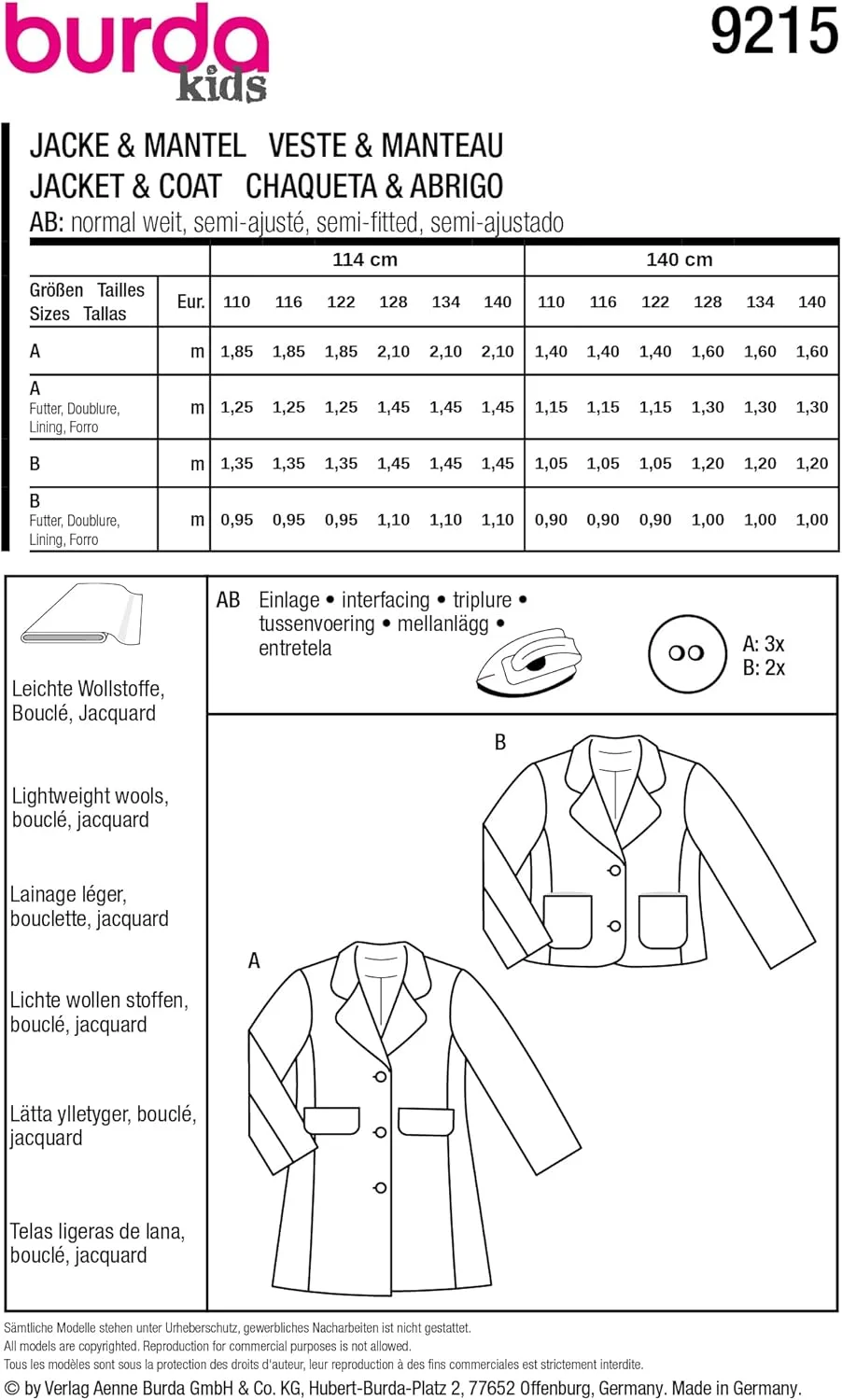 الگوی خیاطی کت و ژاکت دخترانه Burda Kids با یقه بلیزر، سایزهای 110-140 سانتی متر