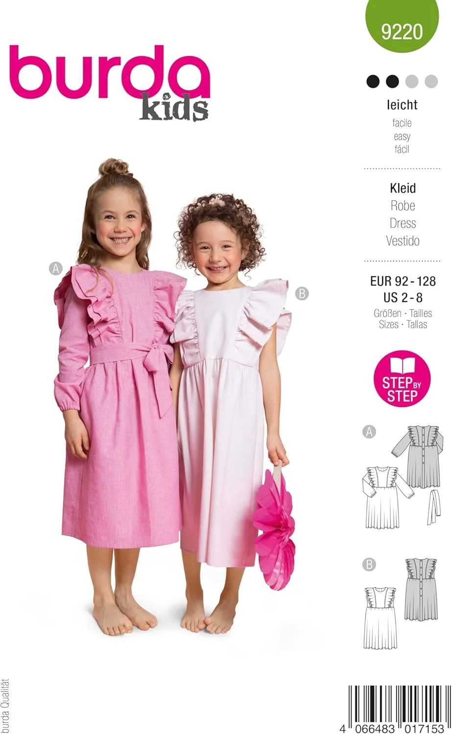 الگوی خیاطی بچه گانه BurdaStyle، لباس دخترانه با آستین های چین دار، سایزهای 92-128