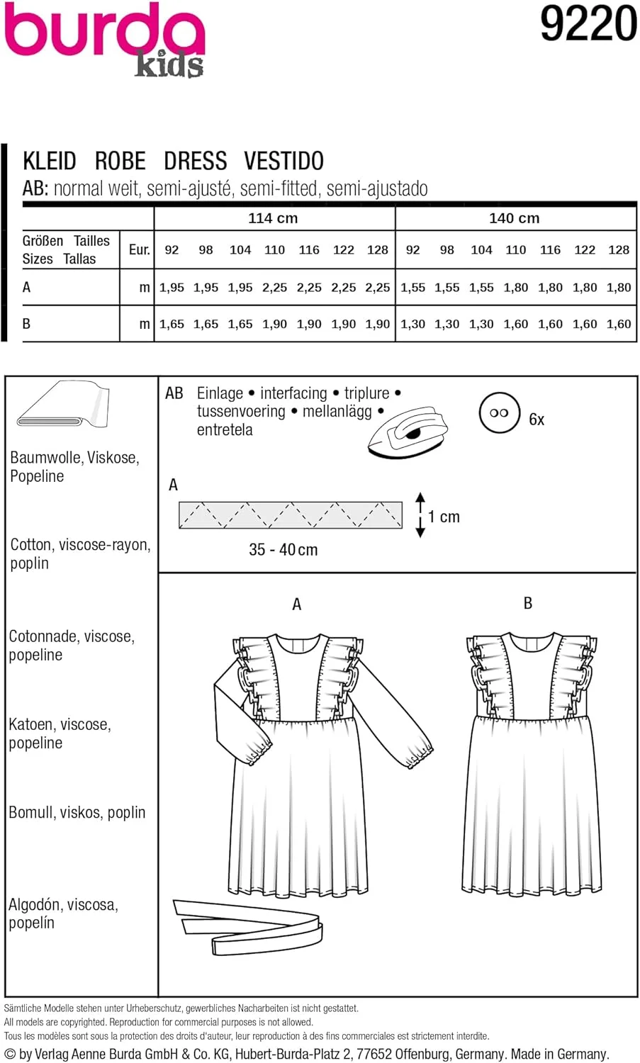 الگوی خیاطی بچه گانه BurdaStyle، لباس دخترانه با آستین های چین دار، سایزهای 92-128