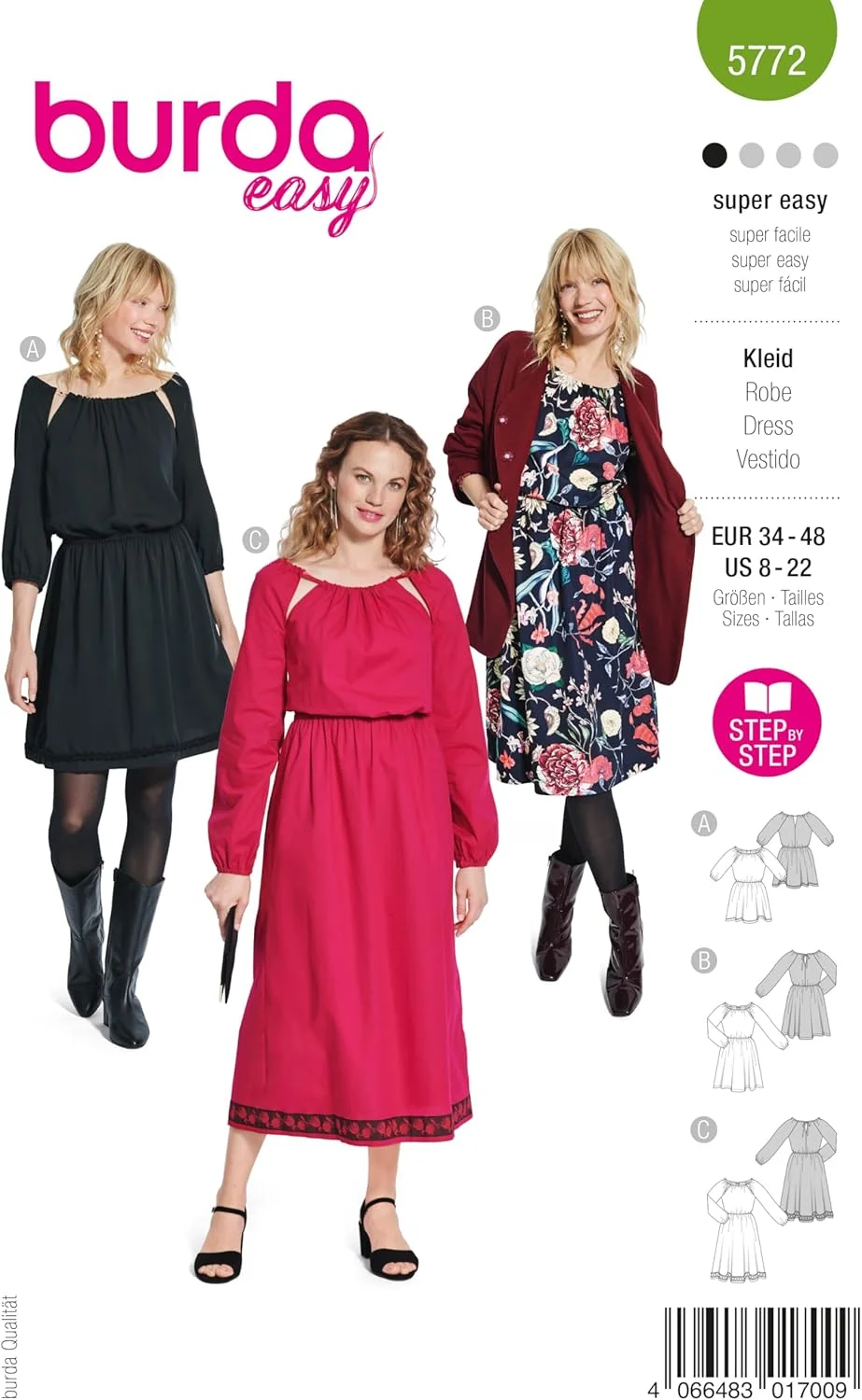 الگوی خیاطی آسان زنانه BurdaStyle، لباس آستین بلند، سایزهای 36-48