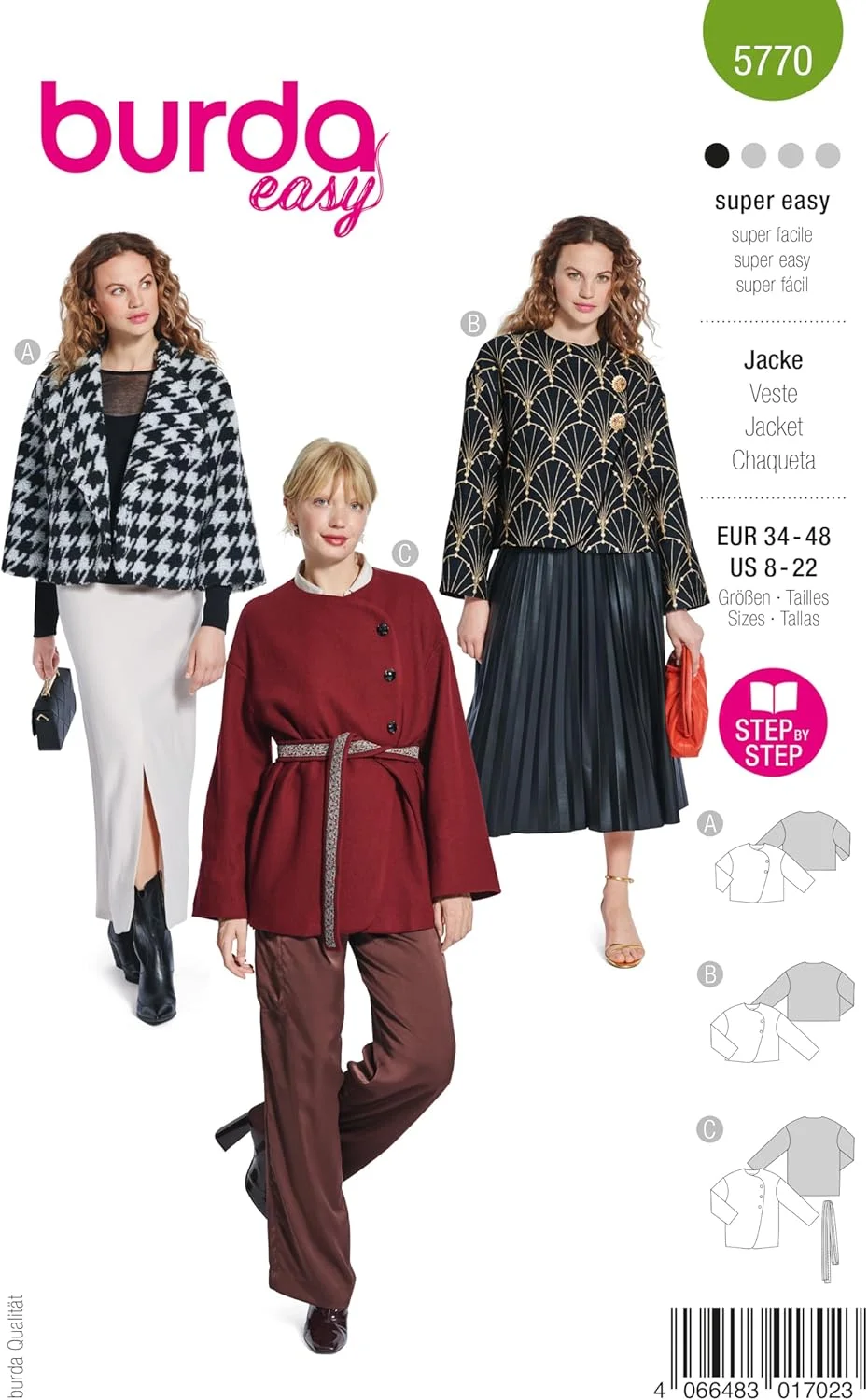 الگوی خیاطی آسان بوردا استایل برای ژاکت زنانه با یقه نامتقارن سایزهای 8-20