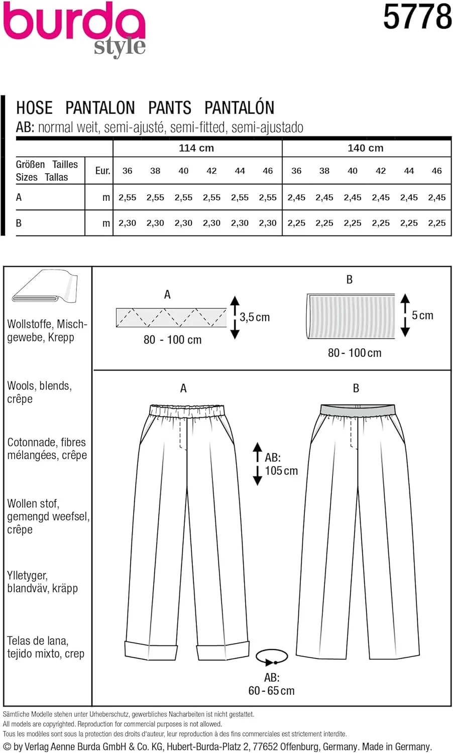 الگوی خیاطی زنانه Burdastyle Burda Style، شلوار زنانه با پاچه گشاد، سایزهای 36 تا 46