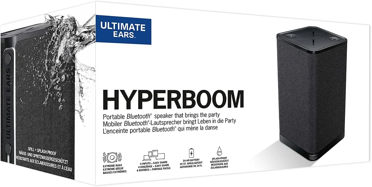 اسپیکر بلوتوثی بی سیم قابل حمل و خانگی Ultimate Ears Hyperboom، اسپیکر بلند، بیس قوی، مقاوم در برابر آب IPX4، برد 150 فوت - مشکی اسپیکر بلوتوثی بی سیم قابل حمل و خانگی Ultimate Ears Hyperboom، اسپیکر بلند، بیس قوی، مقاوم در برابر آب IPX4، برد 150 فوت - مشکی