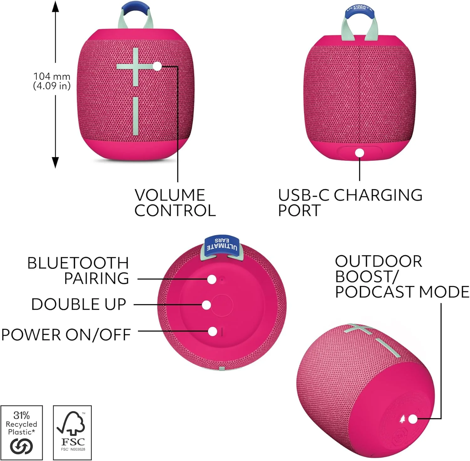 اسپیکر بلوتوثی قابل حمل ضد آب Ultimate Ears Wonderboom 4 با بیس قوی و صدای 360 درجه، ضد گرد و غبار و شناور با برد 40 متری، هایپر پینک اسپیکر بلوتوثی قابل حمل ضد آب Ultimate Ears Wonderboom 4 با بیس قوی و صدای 360 درجه، ضد گرد و غبار و شناور با برد 40 متری، هایپر پینک