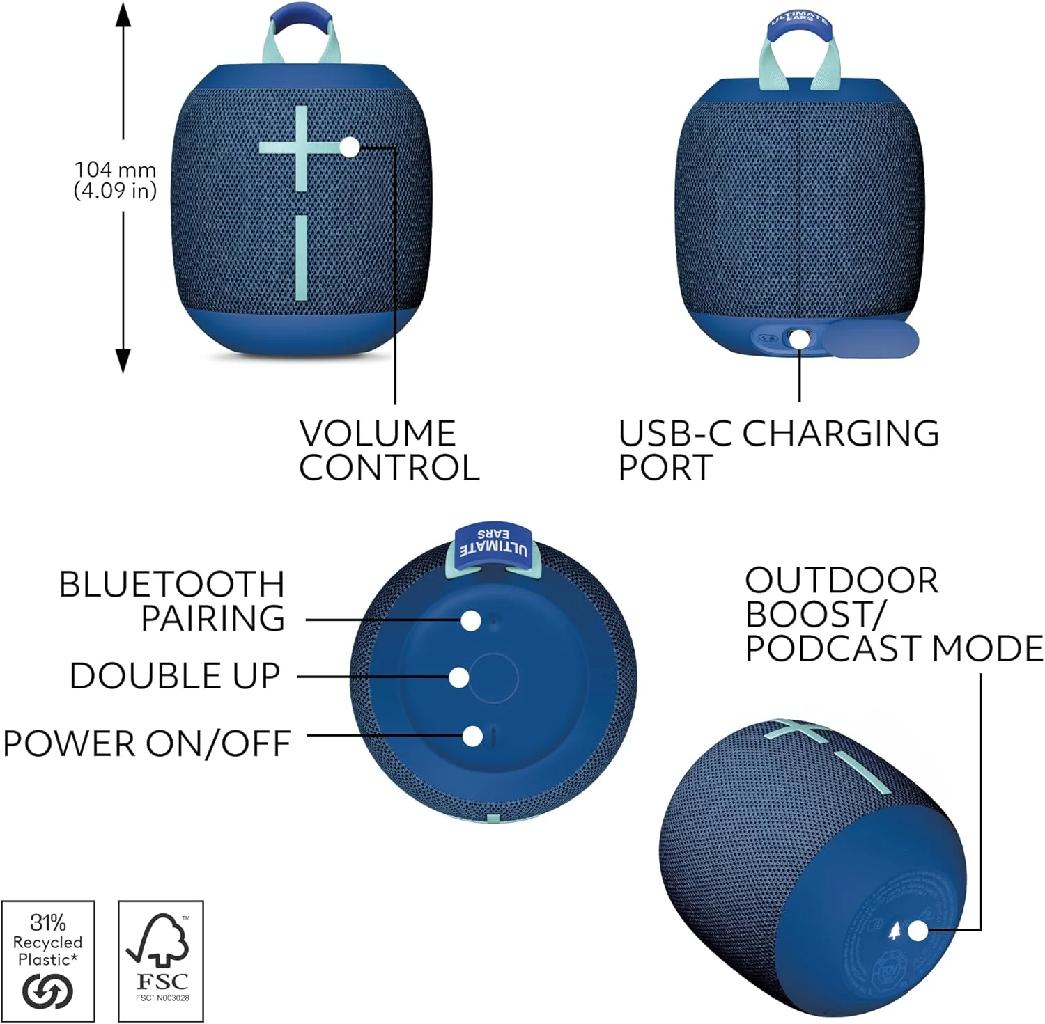 اسپیکر بلوتوثی قابل حمل ضد آب Ultimate Ears WONDERBOOM 4 با بیس قوی و صدای 360 درجه، اسپیکر شناور ضد گرد و غبار با برد 40 متری - آبی اسپیکر بلوتوثی قابل حمل ضد آب Ultimate Ears WONDERBOOM 4 با بیس قوی و صدای 360 درجه، اسپیکر شناور ضد گرد و غبار با برد 40 متری - آبی