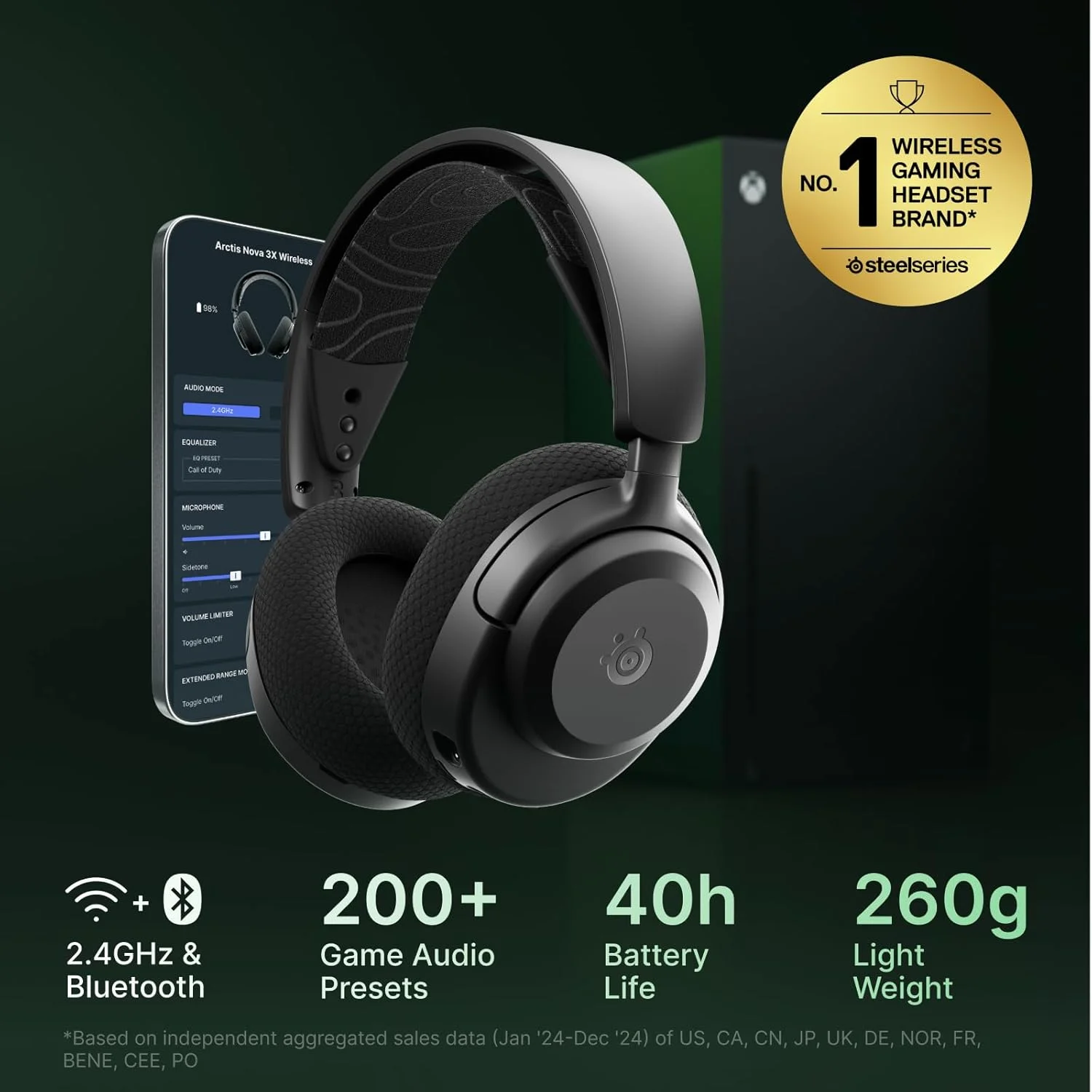 هدست گیمینگ بی‌سیم چند پلتفرمی SteelSeries Arctis Nova 3X - اپلیکیشن موبایل - باتری 40 ساعته - درایورهای مغناطیسی نئودیمیوم - 2.4 گیگاهرتز/بلوتوث - میکروفون جداشدنی - Xbox، PS5، PC، Switch، موبایل - مشکی