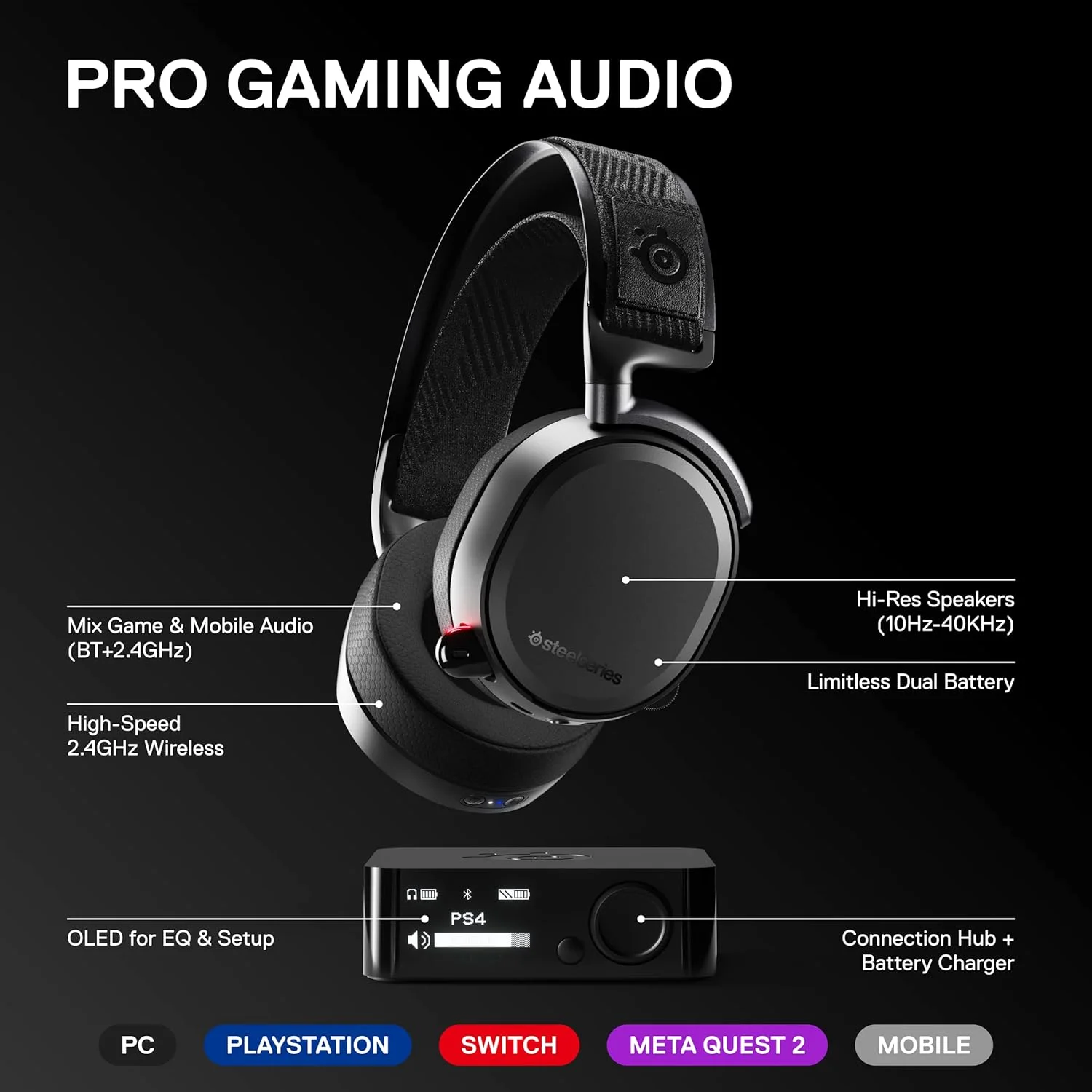 هدست گیمینگ بی‌سیم SteelSeries Arctis Pro - کیفیت عالی بدون افت + بلوتوث برای PS4 و PC