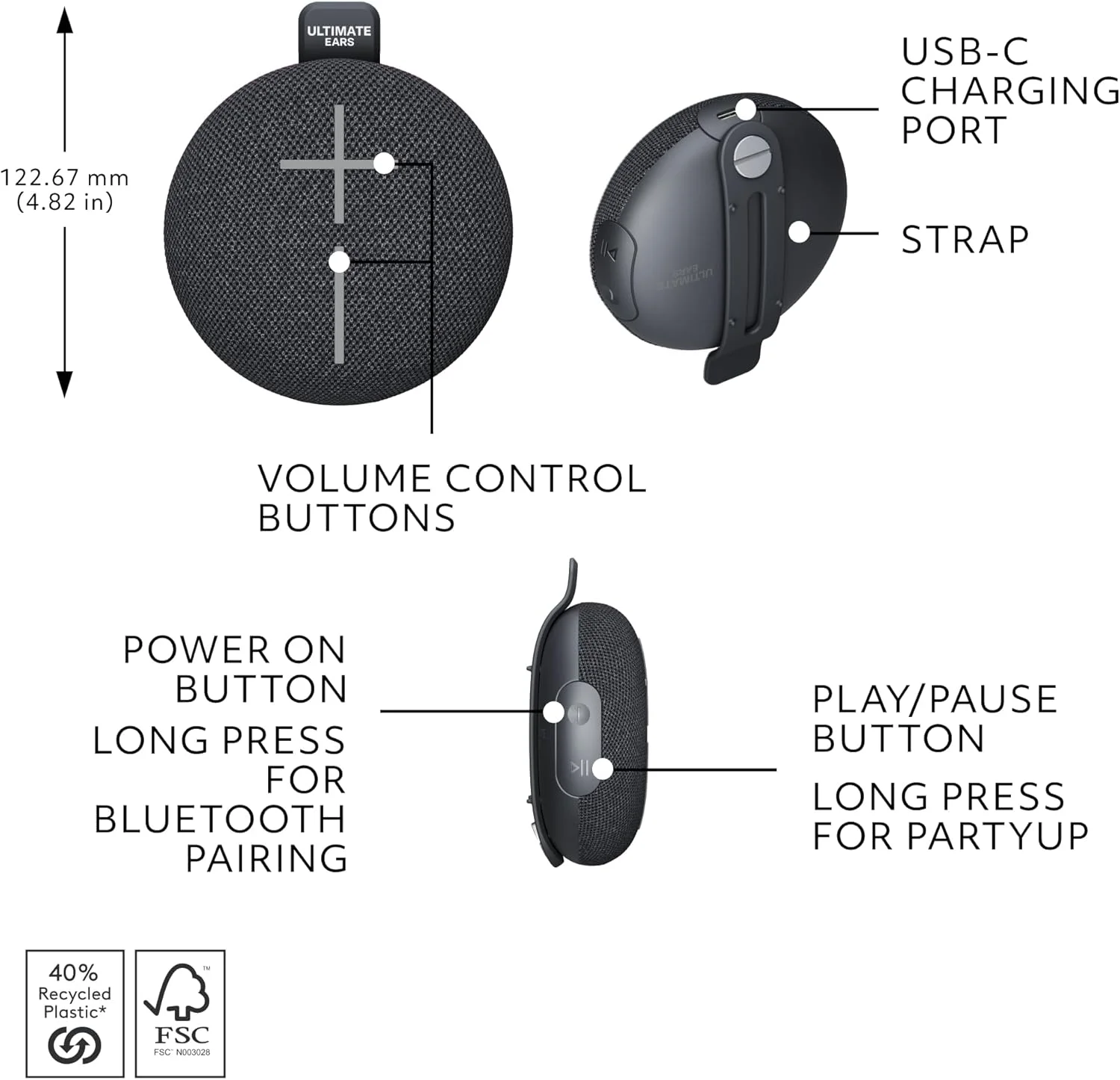 اسپیکر بلوتوثی ضد آب فوق قابل حمل Ultimate Ears MINIROLL، بیس قوی، ضد گرد و غبار IP67، برد 40 متری - مشکی ملایم اسپیکر بلوتوثی ضد آب فوق قابل حمل Ultimate Ears MINIROLL، بیس قوی، ضد گرد و غبار IP67، برد 40 متری - مشکی ملایم