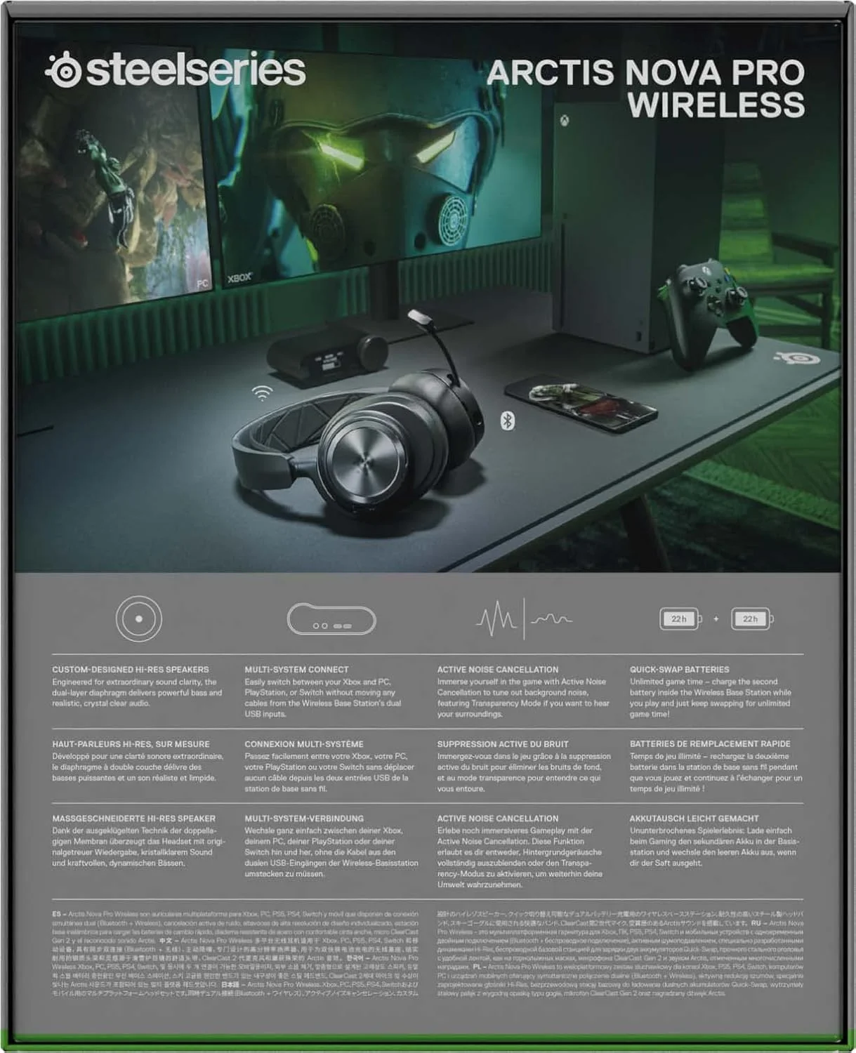 هدست گیمینگ SteelSeries Arctis Nova Pro Wireless Xbox Series X/S - درایورهای مغناطیسی نئودیمیوم - حذف نویز فعال - سیستم قدرت بی نهایت - میکروفون ClearCast Gen 2 - سازگار با PS5، Switch، PC