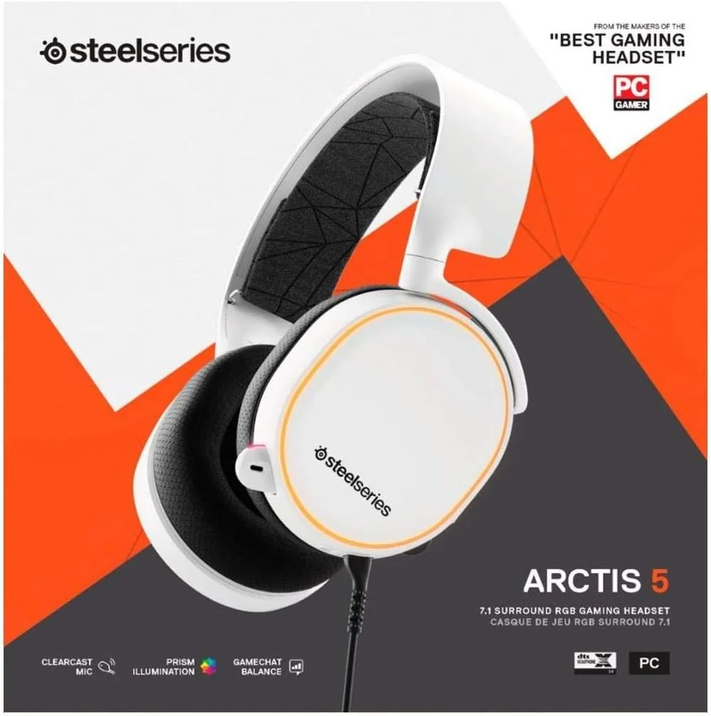 هدست گیمینگ SteelSeries Arctis 5 با نورپردازی RGB و صدای فراگیر DTS Headphone: X v2.0 - مناسب برای PC و PS5/PS4 - سفید