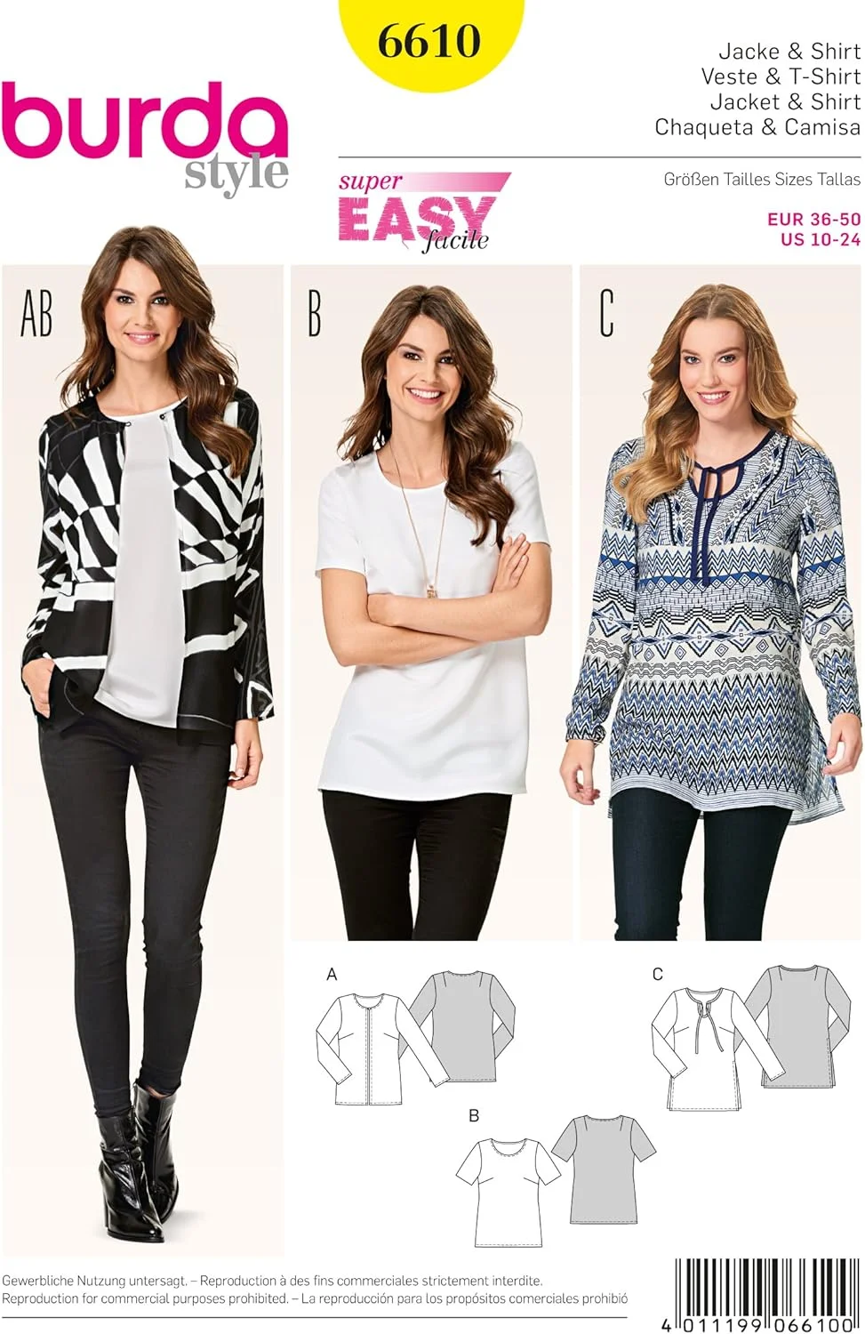 الگوی خیاطی ژاکت و تی شرت کاغذی سفید Burda B6610، ابعاد 19x13x1 سانتی متر [زبان انگلیسی]