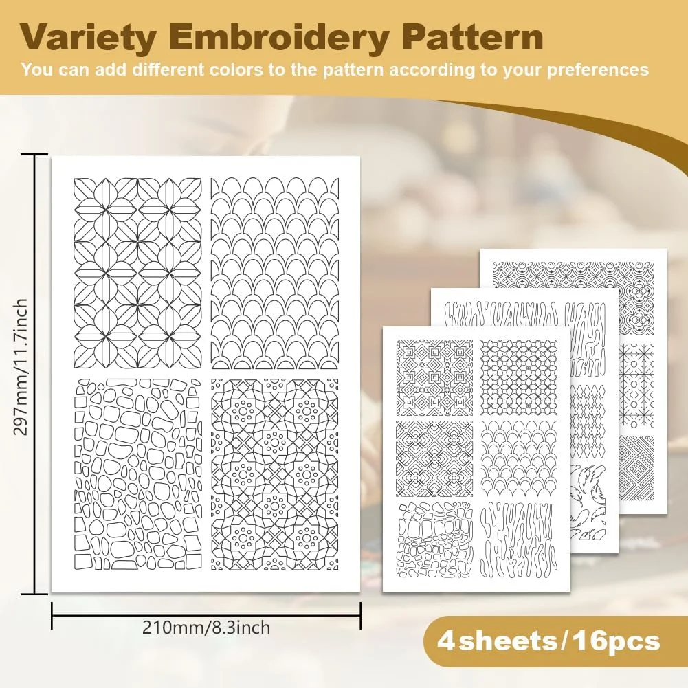 دودلریم 16 عدد تثبیت کننده طرح گلدوزی با طرح هندسی، 21 × 29.7 سانتی متر برچسب گلدوزی محلول در آب پر، 4 ورق کاغذ گلدوزی DIY برای خیاطی دستی