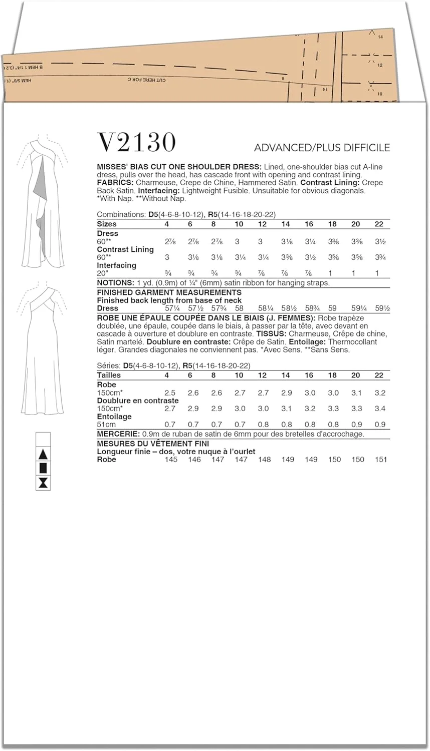 الگوی خیاطی لباس یک طرفه زنانه Vogue V2130D5 اثر تام و لیندا پلات، کد طراحی V2130، سایزهای 4-6-8-10-12
