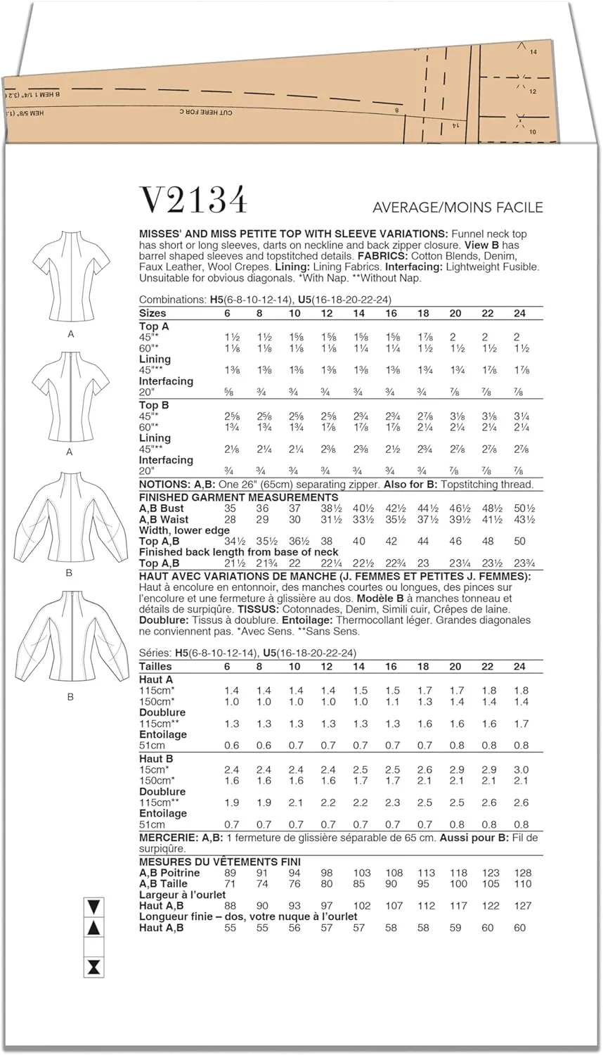 الگوی خیاطی تاپ یقه قیفی زنانه Vogue V2134U5، کد طراحی V2134، سایزهای 16-18-20-22-24