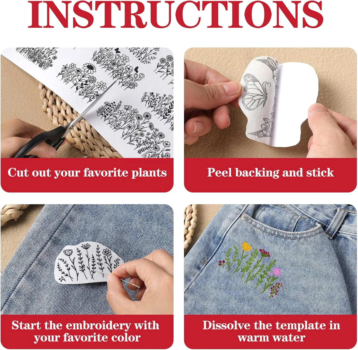 الگوهای گلدوزی محلول در آب گل INCOK، 25 عدد کاغذ گلدوزی چسبی و دوختنی با طرح های از پیش چاپ شده گلدار قابل شستشو، هدیه سفارشی برای مبتدیان و دوستداران خیاطی دستی