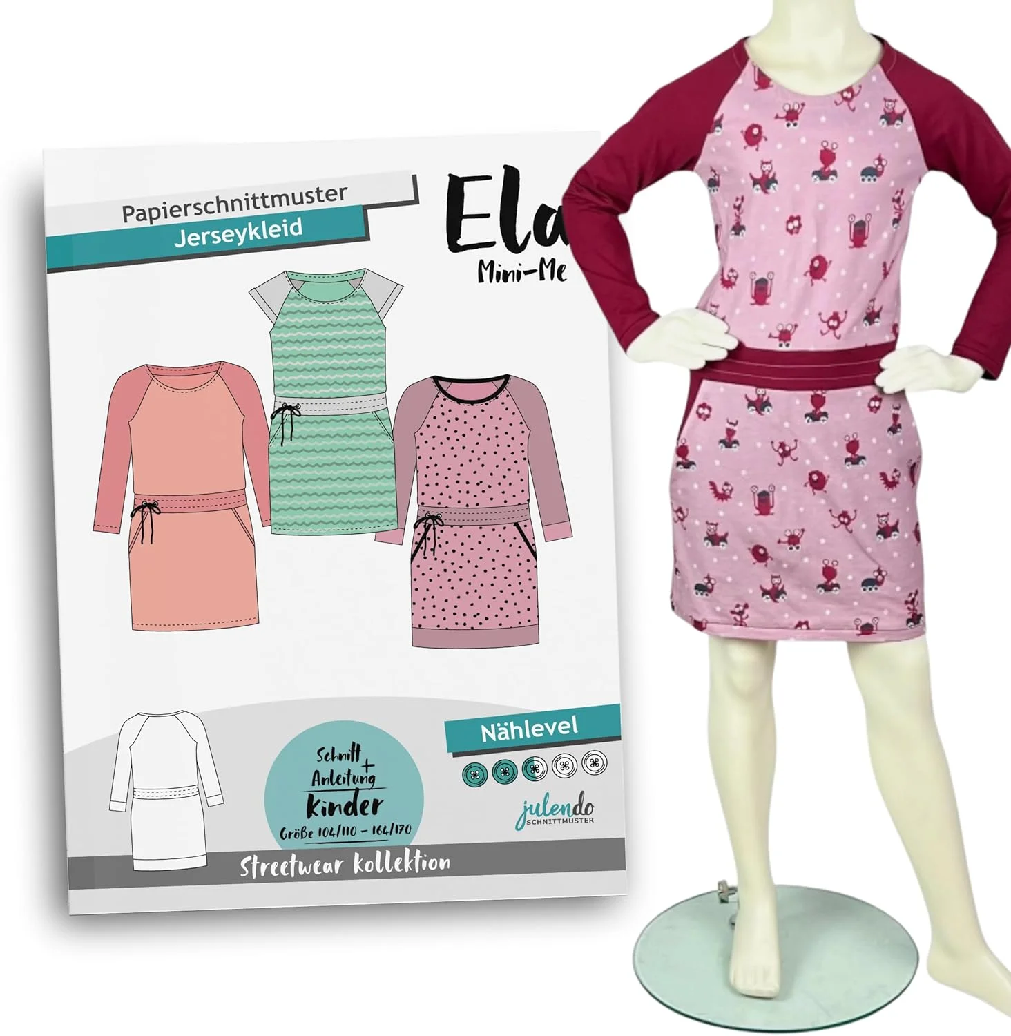 الگوی خیاطی لباس بچه گانه جولندو Ela Mini-Me سایز 104/110 تا 164/170 سانتی متر، الگوی کاغذی برای دختران به همراه دستورالعمل های خیاطی