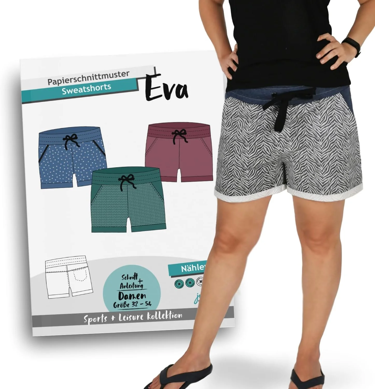 الگوی خیاطی شلوارک ورزشی زنانه جولندو مدل EVA، شلوارک کوتاه تابستانی، الگوی کاغذی به همراه دستورالعمل خیاطی (PS-004-54)