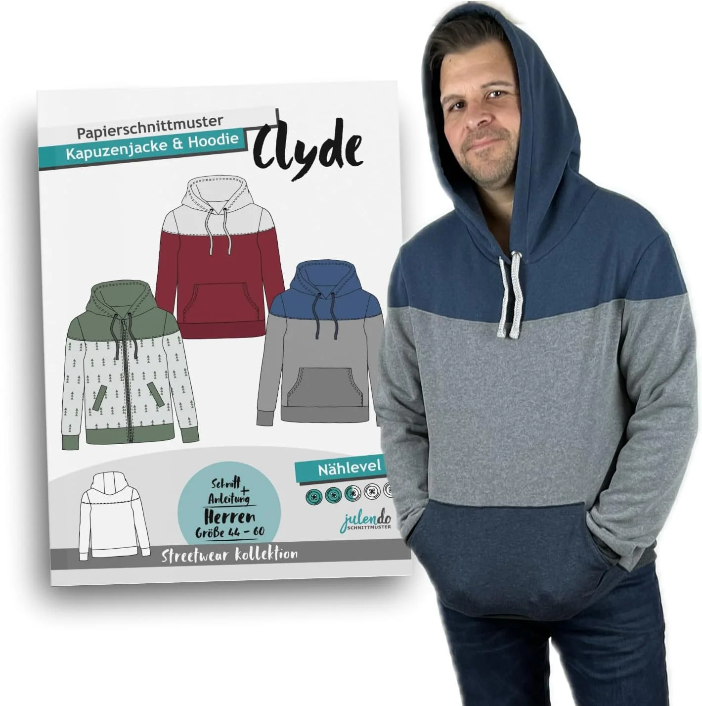 الگوی خیاطی مردانه JULENDO Clyde با ژاکت زیپ دار یا هودی، سایز 44 تا 60، الگوی کاغذی برای مردان با دستورالعمل های خیاطی