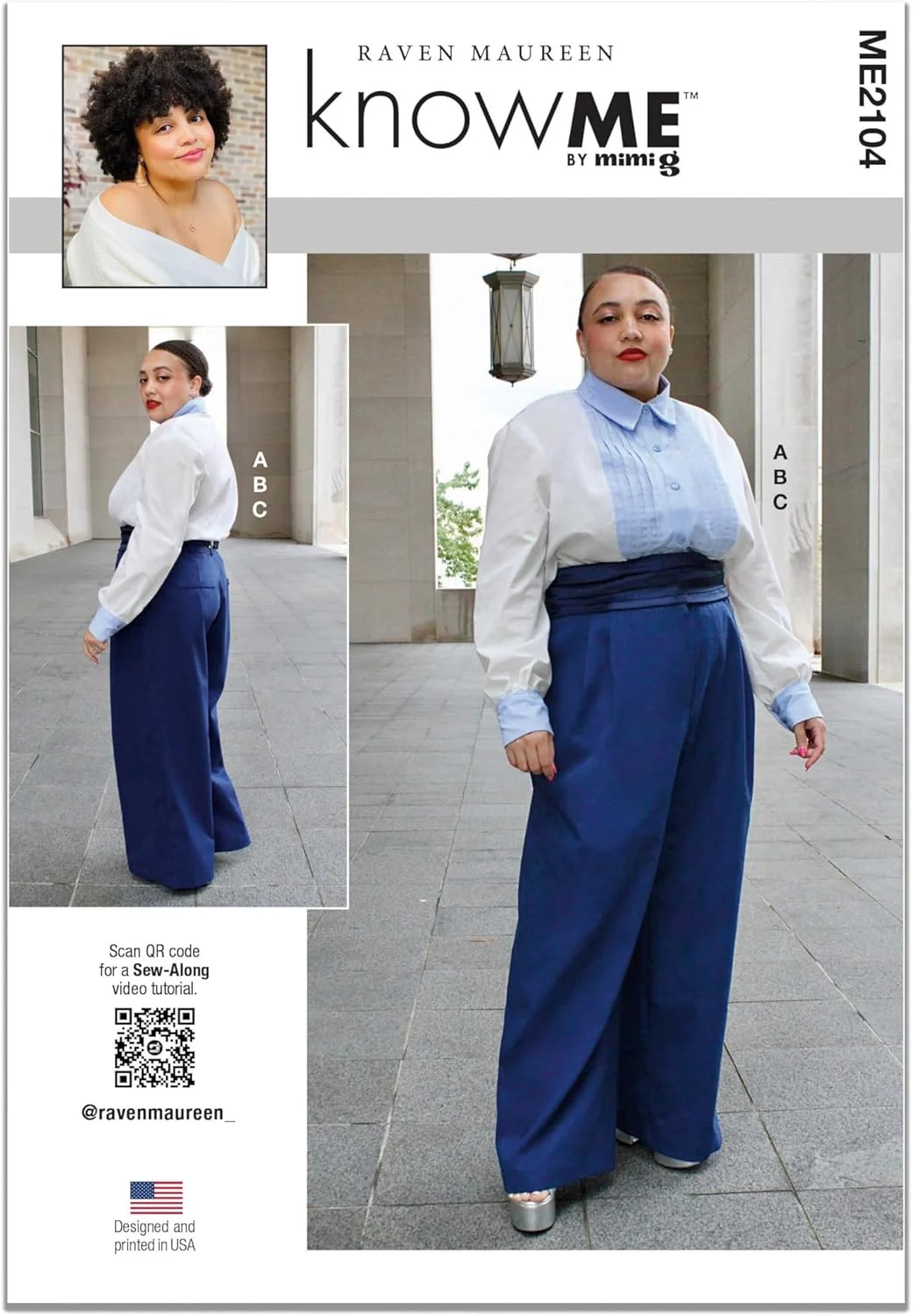 الگوی خیاطی پیراهن دکمه دار زنانه Know Me ME2104Y5، شلوار پا گشاد و کمربند پهن، طراحی Raven Maureen، کد طراحی ME2104، سایزهای 18-20-22-24-26