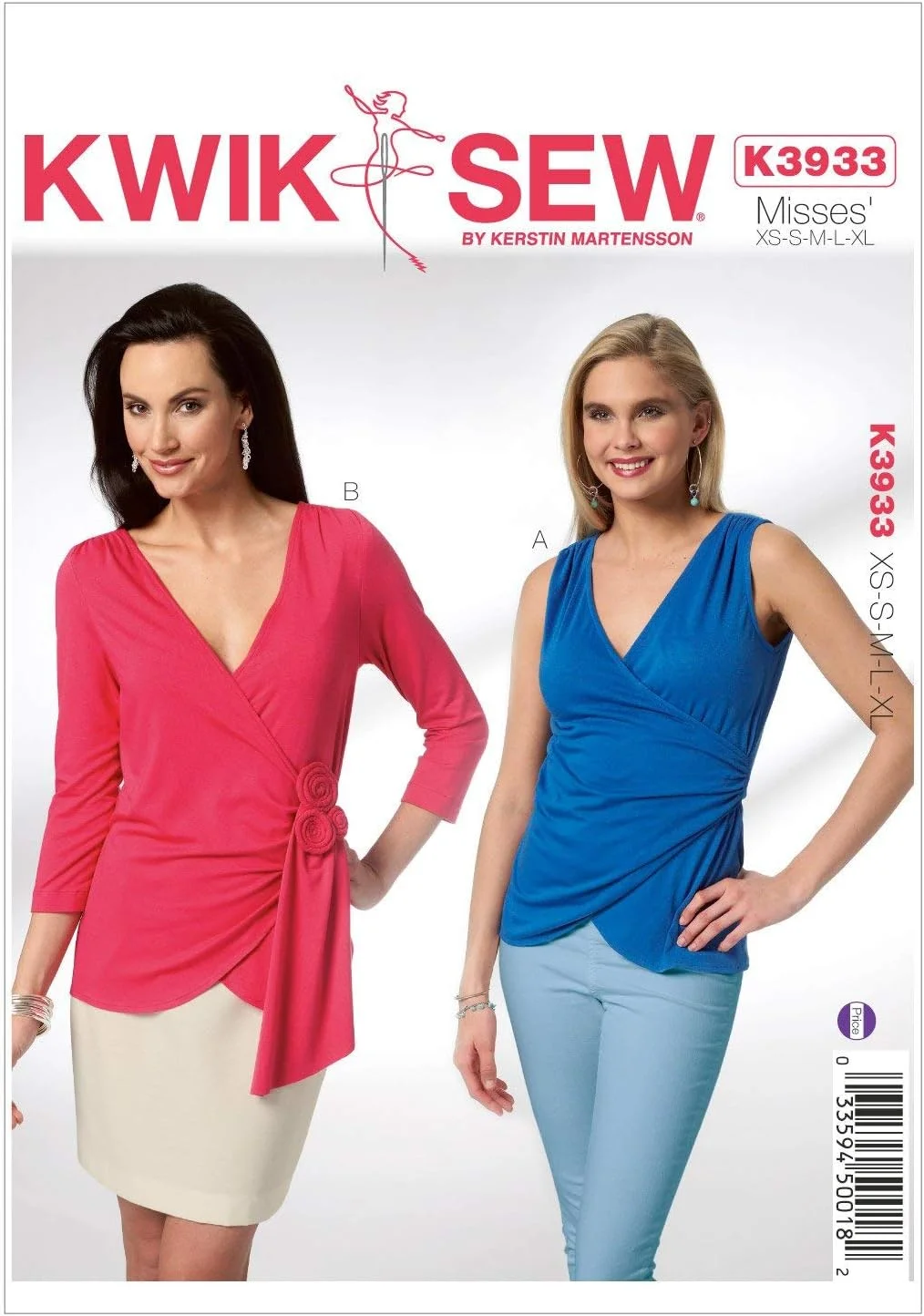 الگوهای خیاطی KWIK - SEW K3933 سایز خیلی کوچک - کوچک - متوسط - بزرگ - خیلی بزرگ، تاپ زنانه، بسته 1 عددی، سفید